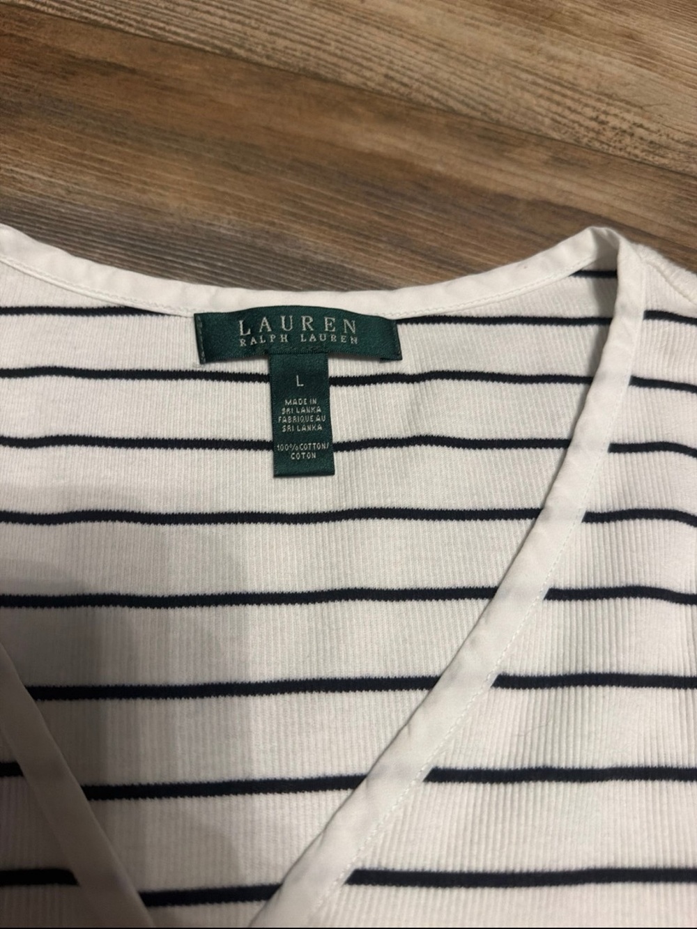 Lauren Ralph Lauren White and Navy Striped V-Neck Tee